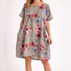 Made in Italy Linen Floral Tunic Dress Short Sleeve Boho Cottagecore L-XL